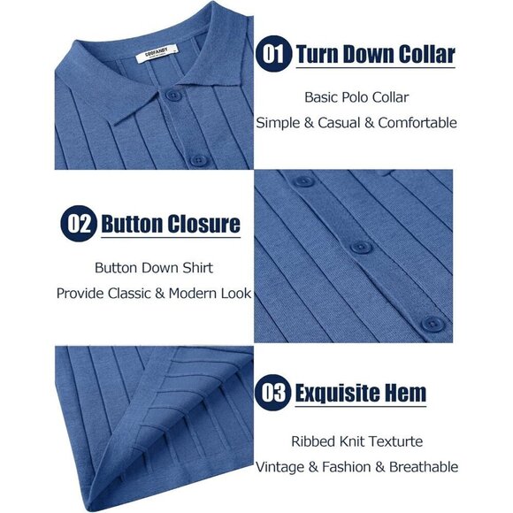 Men Blue Casual Knit Polo Shirt Long Sleeve Button Down Sweater Polo with Pocket - Picture 6 of 9
